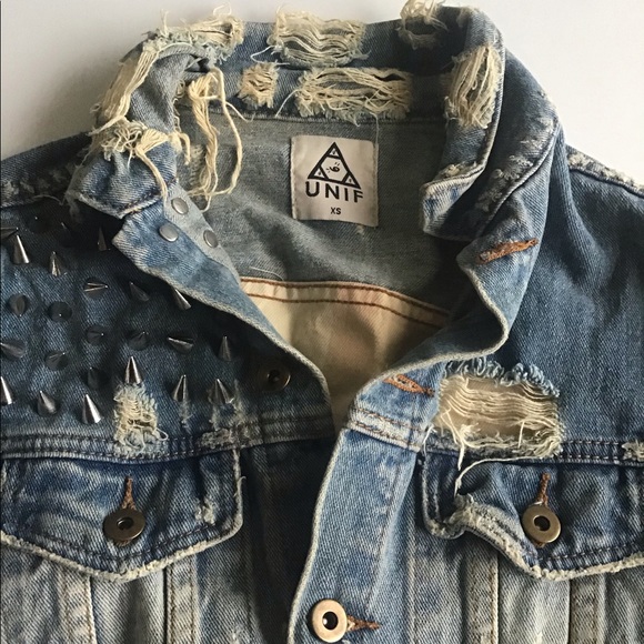 UNIF American flag denim jean distressed spikes jacket - Picture 4 of 16